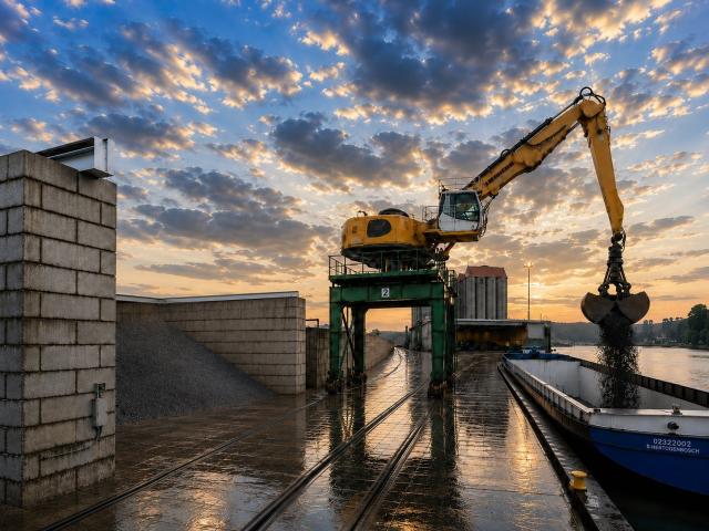 Grue portuaire chargeant une péniche à côté d’un bâtiment de stockage à toiture découvrable