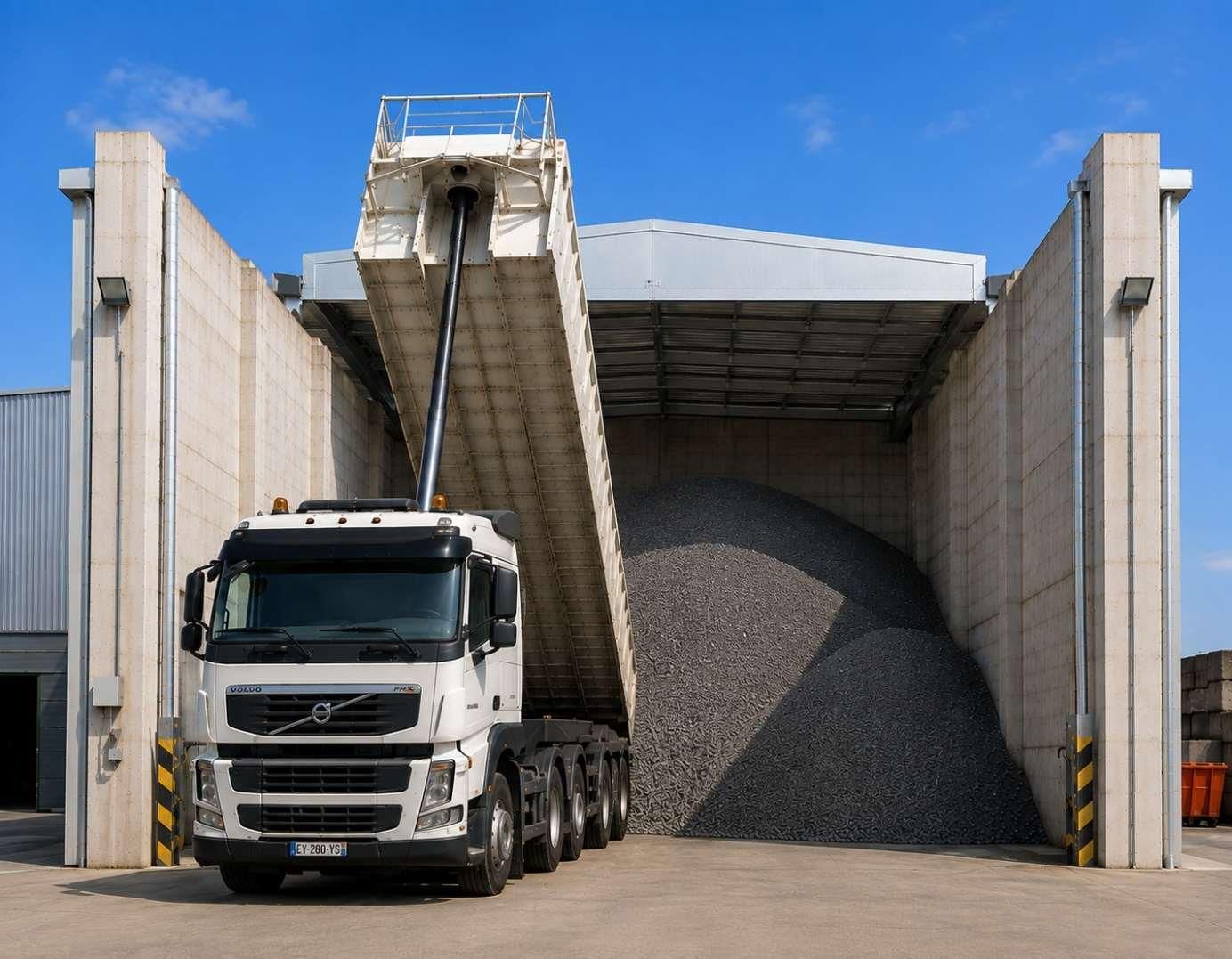 Camion-benne déchargeant dans un bâtiment grâce à une toiture découvrable 